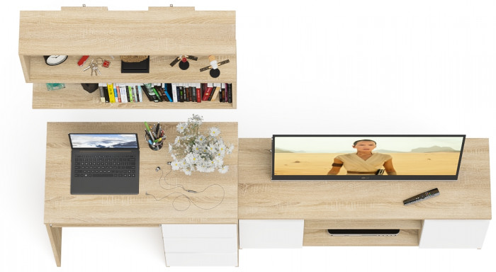 Мори компьютерный стол МС-6 правый + Тумба МТВ1200.1 + Полка 900, дуб сонома/белый