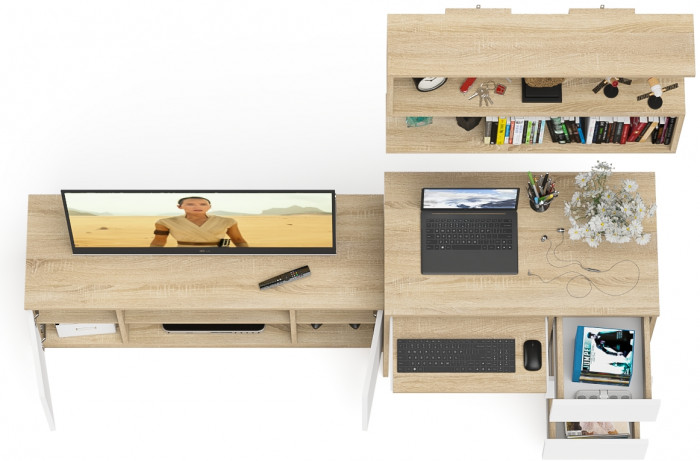 Мори компьютерный стол МС-6 правый + Тумба МТВ1200.1 + Полка 900, дуб сонома/белый