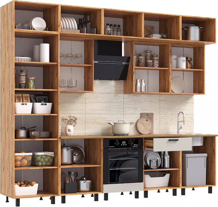 Кухня Техно 3,0/1080м Компоновка №2, Крафт золотой/Кашемир