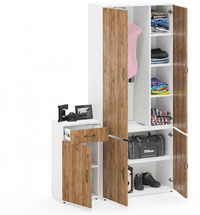 Лидер-8 Шкаф МД 20Б + Тумба МД 3.15, цвет белый шагрень/крафт золото, ШхГхВ 120х37,5х190 см., НЕ универсальная сборка