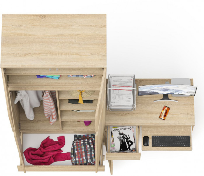 Мори Стол компьютерный МС-1 левый + Шкаф МШ900.1 + Антресоль МА900.1, цвет дуб сонома, ШхГхВ 180,4х50,4х234,2 см., выдвиж. ящик слева, НЕ универс. сб.