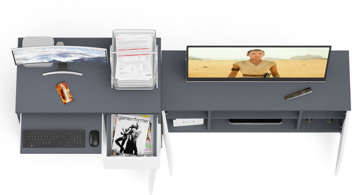 Мори компьютерный стол МС-1 правый + Тумба МТВ1200.1, графит/белый