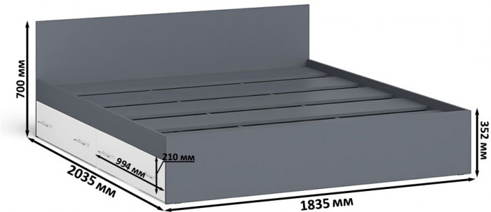 Мори Кровать с ящиками 1800, цвет графит/белый, ШхГхВ 183,5х203,5х70 см., сп.м. 1800х2000 мм., без матраса, основание есть