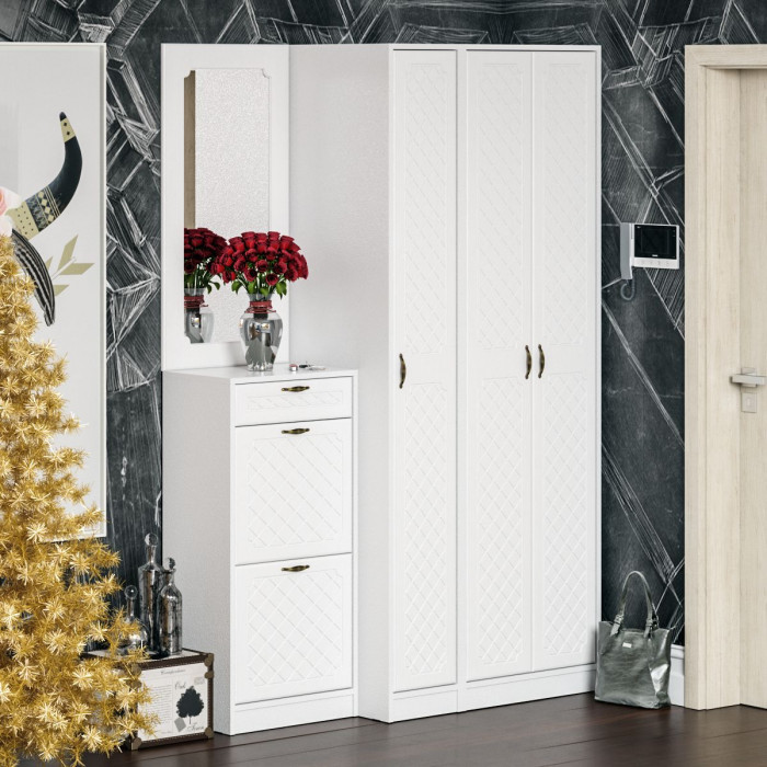 Прихожая П-6 Компоновка № 49, белая шагрень/фасады МДФ белое дерево фрезеровка ромб