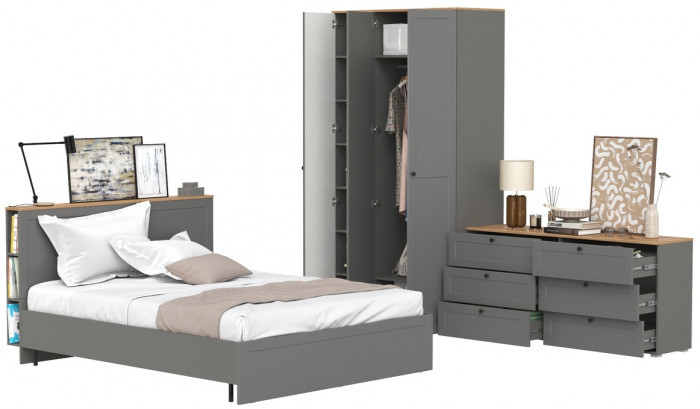 Остин 11.53 Кровать + ортопед + 13.336.03 Шкаф для одежды + 16.240 Комод, серый графит/дуб крафт золотой