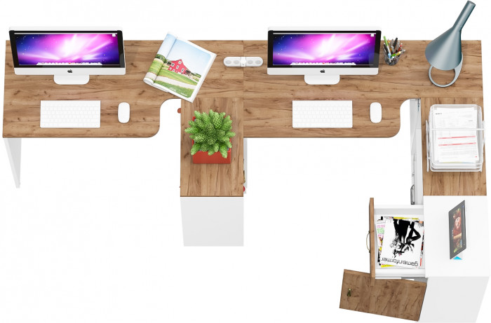 Лидер-8 Стол + Стол + Тумба МД 3.15, цвет белый шагрень/крафт золото, ШхГхВ 370х50/30х75 см. или 230х50/120х75 см., НЕ универсальная сборка