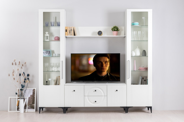 Валенсия Гостиная 13.218 Шкаф-пенал, ЛДСП белый шагрень/МДФ белый шагрень