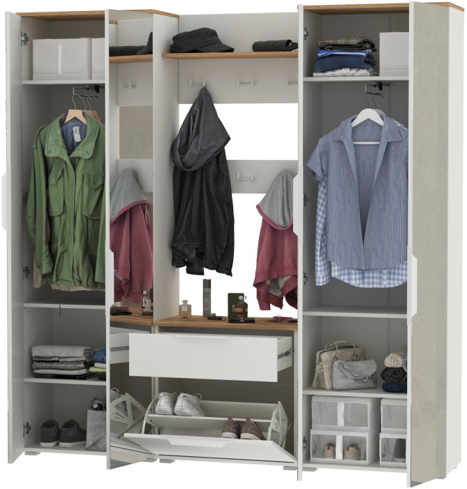 Октава Прихожая 27, цвет белый шагрень/дуб крафт золотой/фасады МДФ белый шагрень, ШхГхВ 193,7х35,4х197,6 см., универсальная сборка