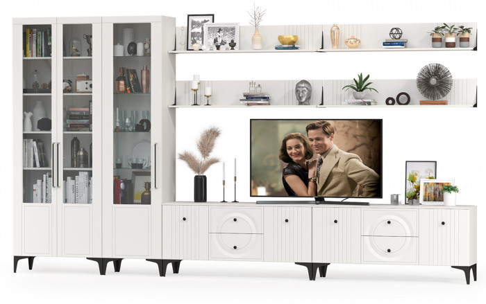 Валенсия Гостиная № 087, цвет ЛДСП белый шагрень/МДФ белый шагрень, ШхГхВ 405,3х38,3х225,2 см., универсальная сборка