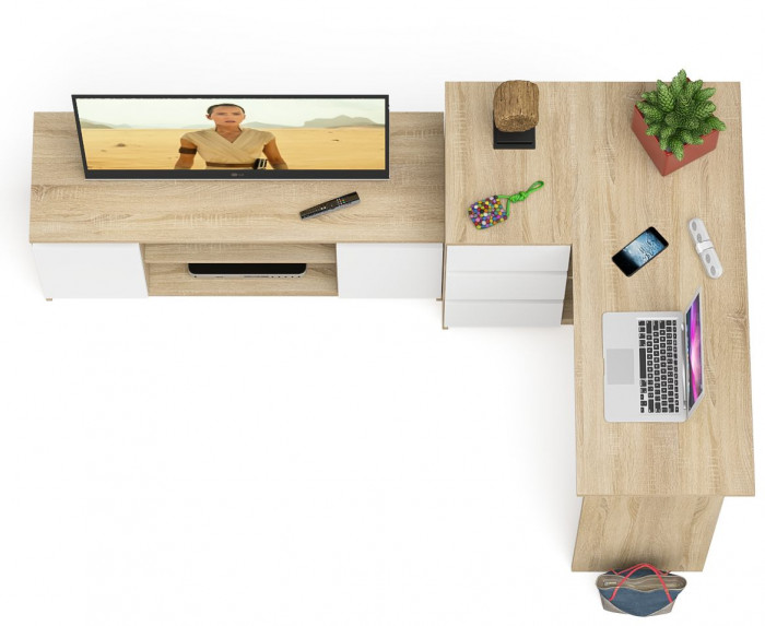 Мори компьютерный стол МС-16 левый + Тумба МТВ1200.1, дуб сонома/белый