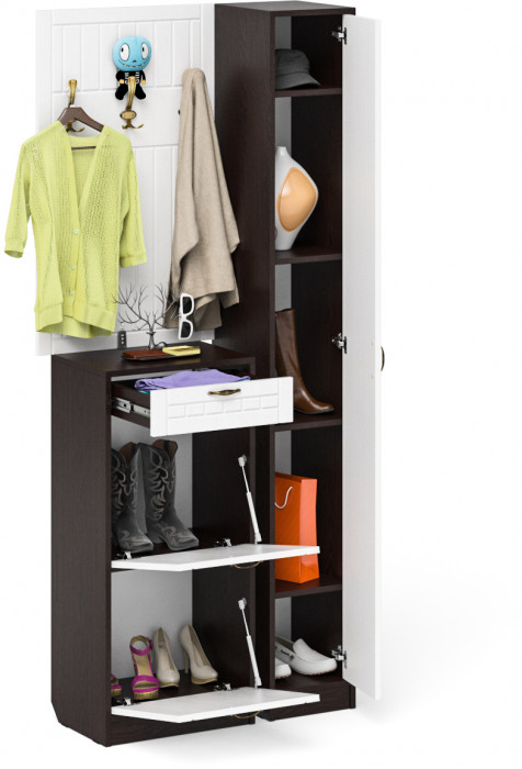 Прихожая П-6 Компоновка № 24, венге/фасады МДФ белое дерево фрезеровка прованс