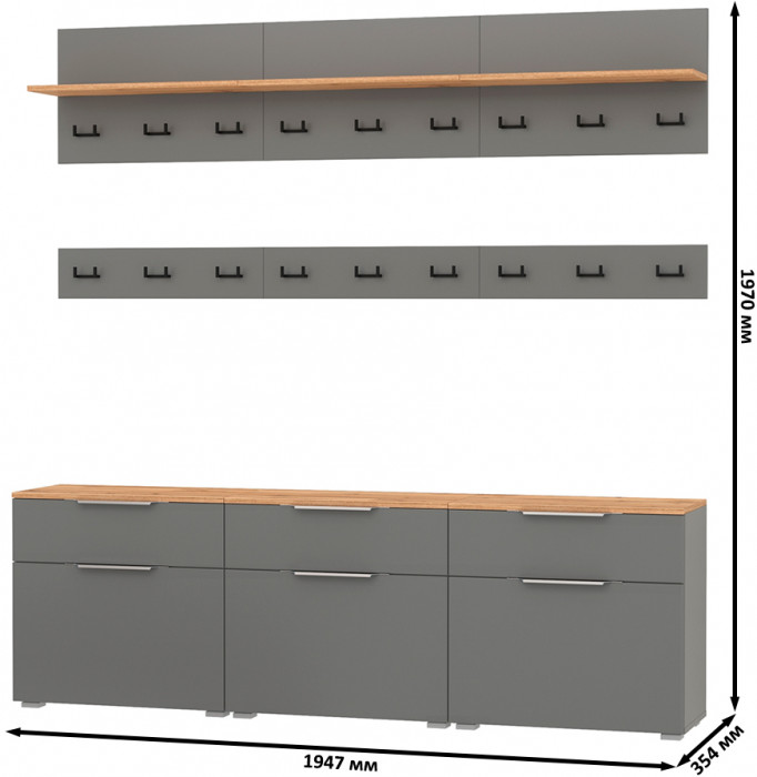 Октава Прихожая 08, цвет серый графит/дуб крафт золотой/фасады МДФ серый графит, ШхГхВ 194,7х35,4х197 см.