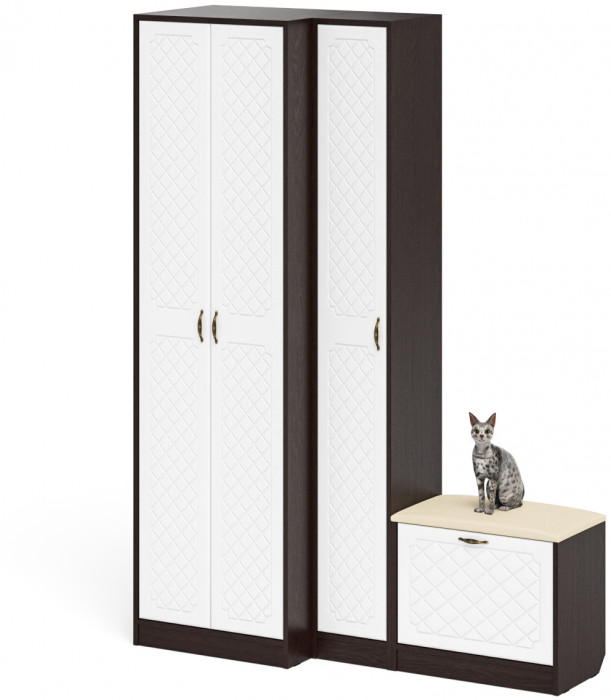 Прихожая П-6 Компоновка № 25, цвет венге/фасады МДФ белое дерево фрезеровка ромб, ШхГхВ 150х50х210 см., универсальная сборка