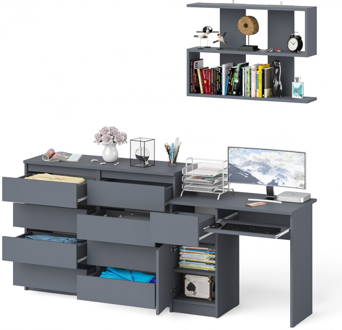 Мори компьютерный стол МС-1 левый + Комод МК1200.8 + Полка 900, графит