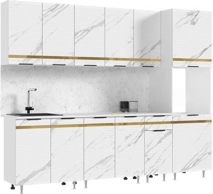 Кухня МДФ Милена 2600 (Белый, Мрамор золото, Антарес)