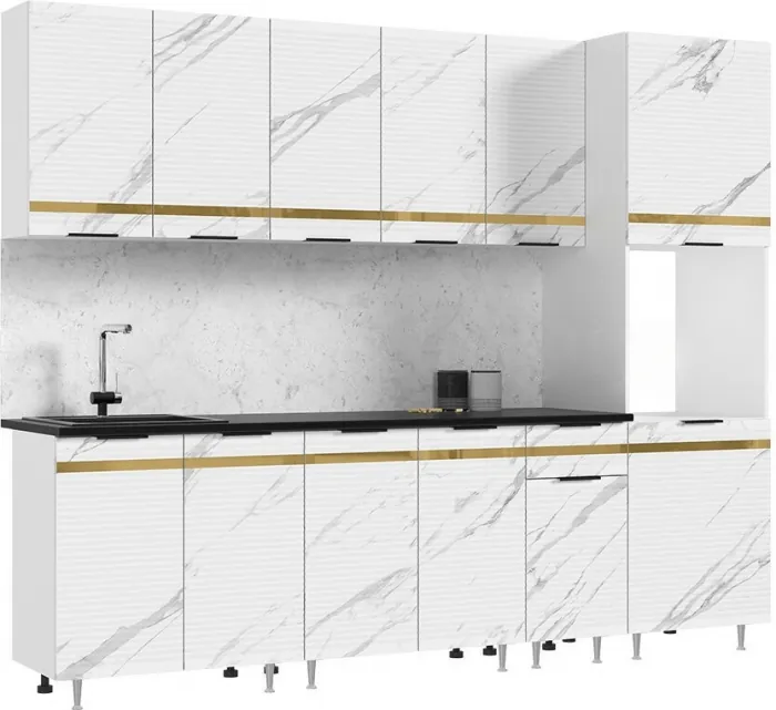 Кухня МДФ Милена 2600 (Белый, Мрамор золото, Антарес)