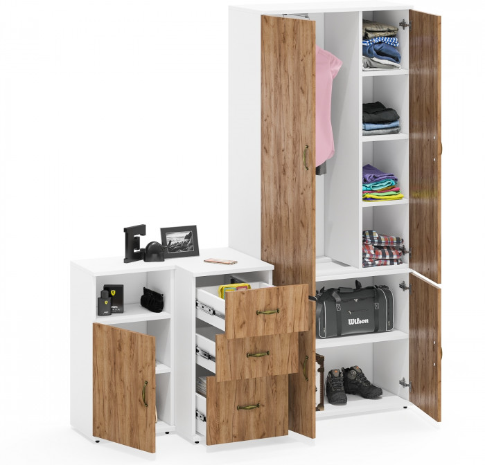 Лидер-8 Шкаф МД 20Б + Тумба МД 3.16 + Тумба МД 3.19, цвет белый шагрень/крафт золото, ШхГхВ 160х50х190 см., НЕ универсальная сборка