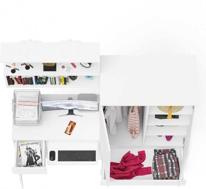 Мори Стол компьютерный МС-1 левый + Шкаф МШ900.1 + Полка 900, цвет белый, ШхГхВ 180,4х50,4х209,6 см., НЕ универсальная сборка