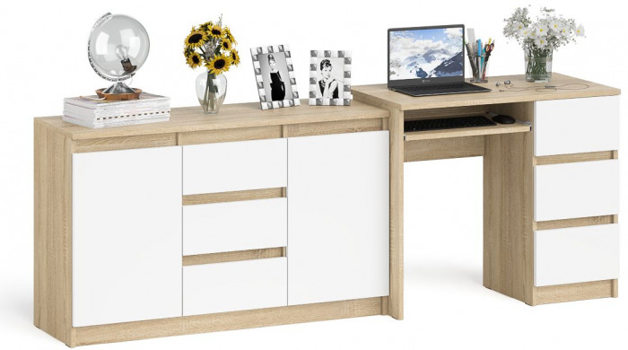 Мори Стол компьютерный МС-6 правый + Комод МК1200.3, цвет дуб сонома/белый, ШхГхВ 210,4х50х76,6 см., выдвижные ящики справа, НЕ универсальная сборка