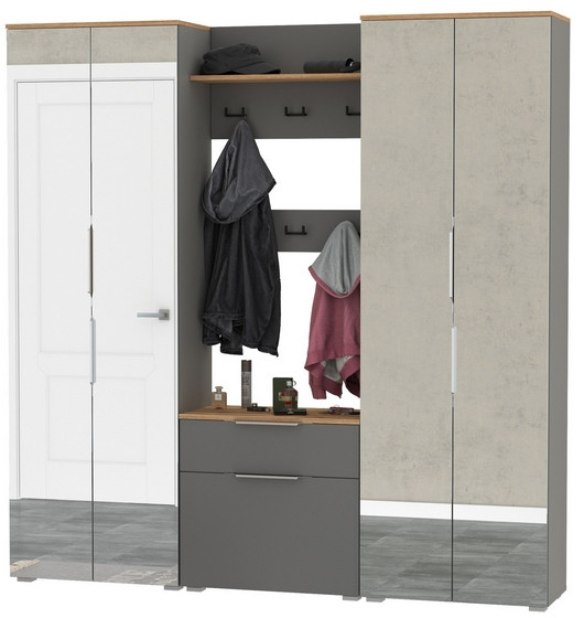 Октава Прихожая 27, цвет серый графит/дуб крафт золотой/фасады МДФ серый графит, ШхГхВ 193,7х35,4х197,6 см., универсальная сборка