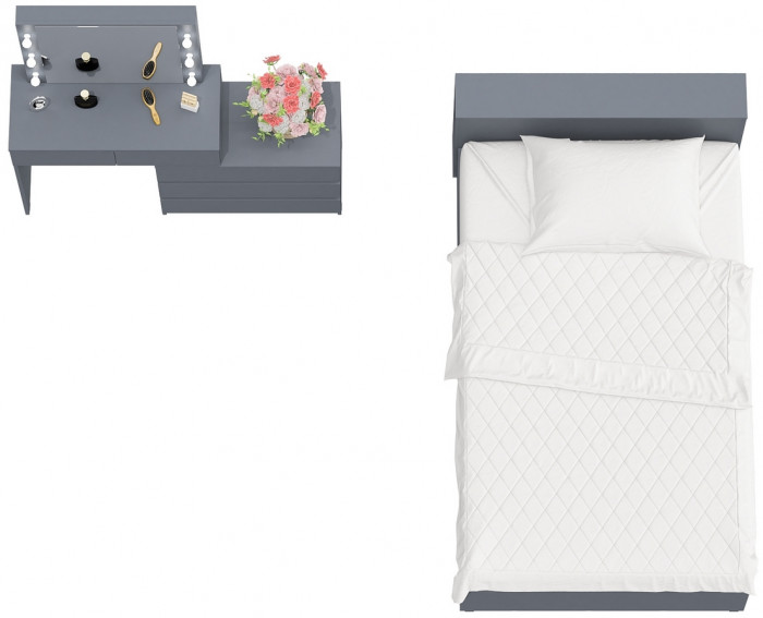 Ксения Кровать с ящиками 1200 + Стол косметический с подсветкой 110, графит