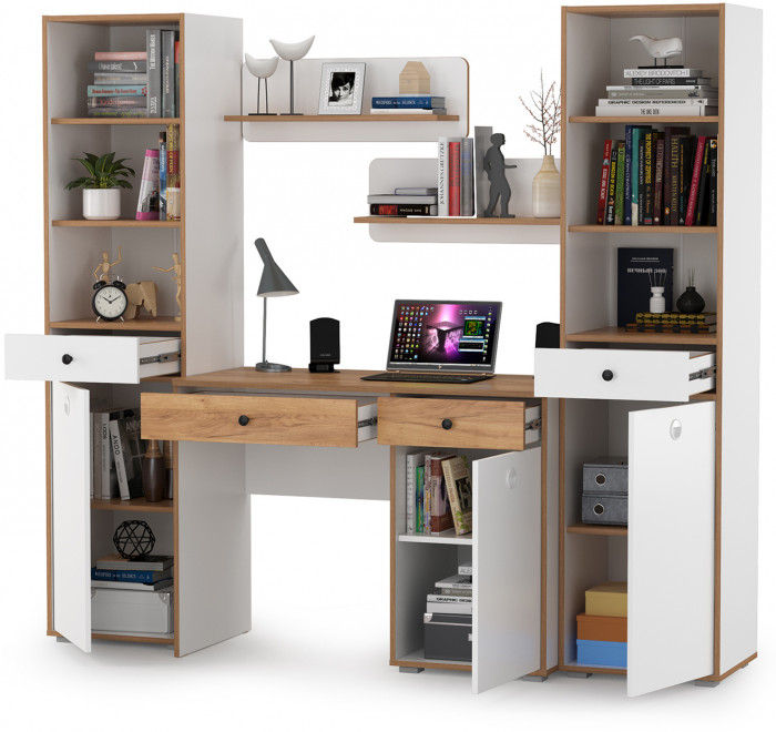 Вуди Компоновка № 09, цвет белый премиум/дуб крафт золотой, ШхГхВ 200х52,7х180,3 см., универсальная сборка