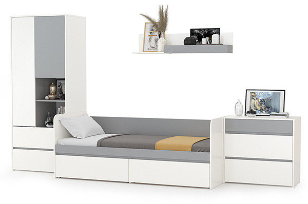 Торонто Компоновка № 19, цвет белый шагрень/стальной серый, ШхГхВ 354х84,4х195,7 см., сп. м. 800х1900 мм., б/м, основание есть, универсальная сборка