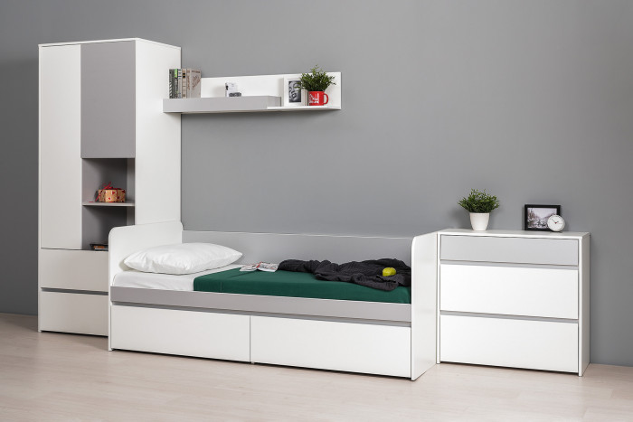 Торонто Компоновка № 19, цвет белый шагрень/стальной серый, ШхГхВ 354х84,4х195,7 см., сп. м. 800х1900 мм., б/м, основание есть, универсальная сборка