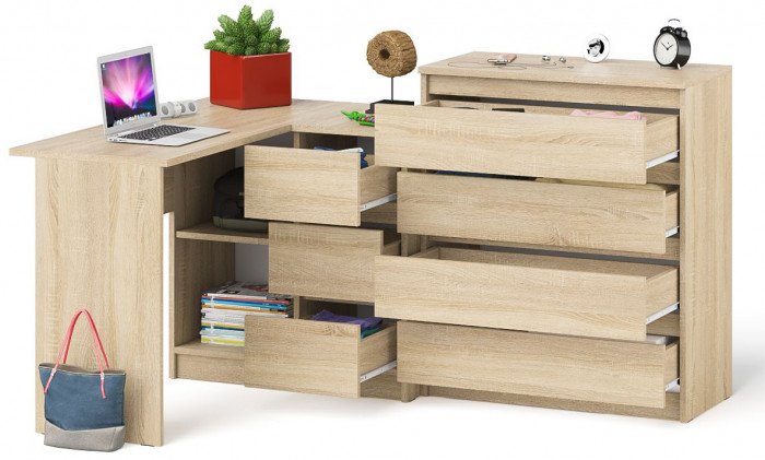 Мори Стол компьютерный МС-16 правый + Комод МК800.4, цвет дуб сонома, ШхГхВ 204,8х84,9х94 см., выдвижные ящики справа, НЕ универсальная сборка