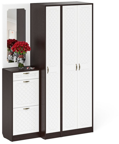 Прихожая П-6 Компоновка № 49, венге/фасады МДФ белое дерево фрезеровка ромб