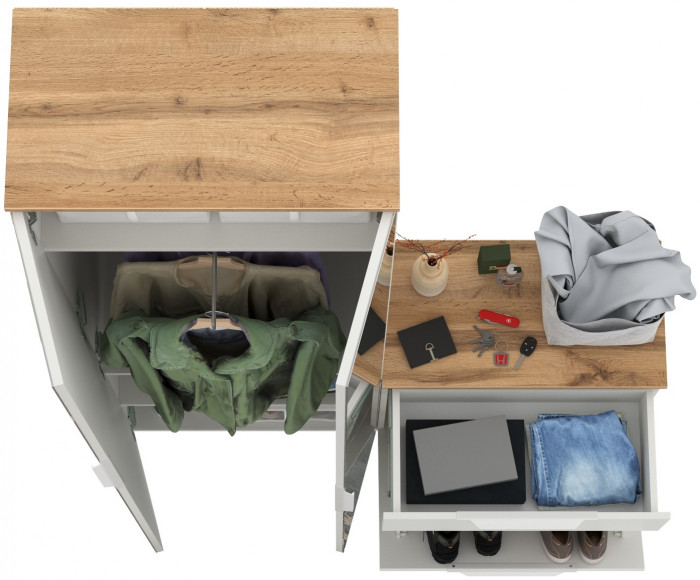 Октава Прихожая 09, цвет белый шагрень/дуб крафт золотой/фасады МДФ белый шагрень, ШхГхВ 129,3х35,4х197,6 см., универсальная сборка