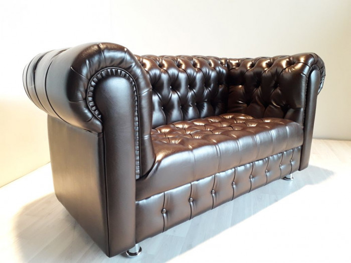 Диван Честер 3- х местный, сиденье каретка экокожа коричневая