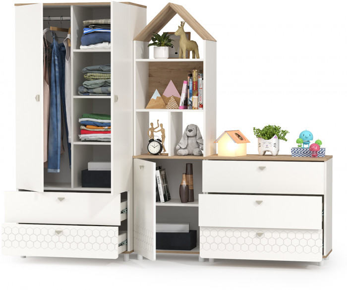 Эйп 13.334 Шкаф для одежды + 13.322 Комод + 13.14 Стеллаж, белый/дуб белый