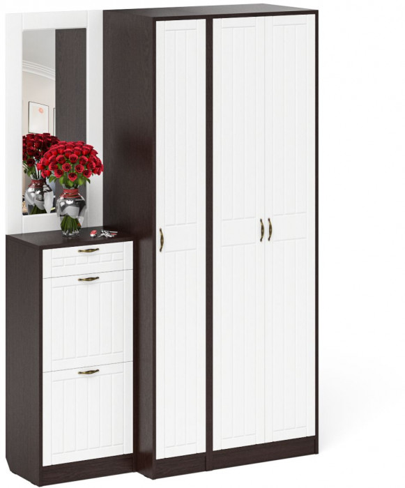 Прихожая П-6 Компоновка № 49, цвет венге/фасады МДФ белое дерево фрезеровка прованс, ШхГхВ 140х50х210 см., универсальная сборка