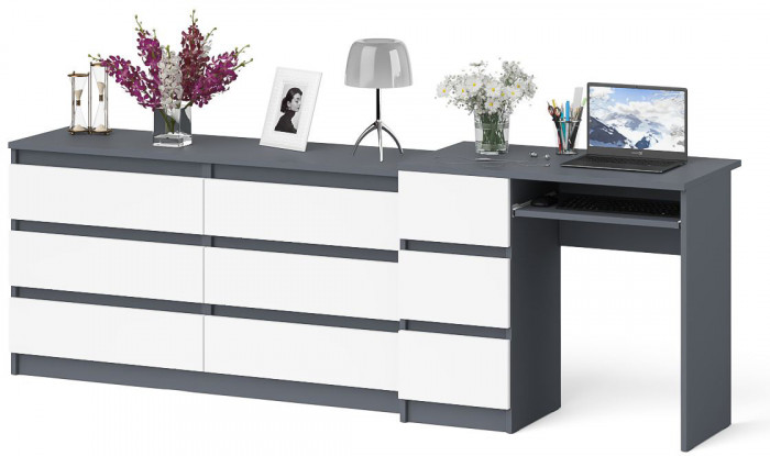 Мори компьютерный стол МС-6 левый + Комод МК1380.6, графит/белый