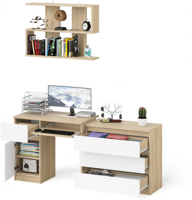 Мори Стол компьютерный МС-1 левый + Комод МК800.1 + Полка 900, цвет дуб сонома/белый, ШхГхВ 170,4х50х209,6 см., НЕ универсальная сборка