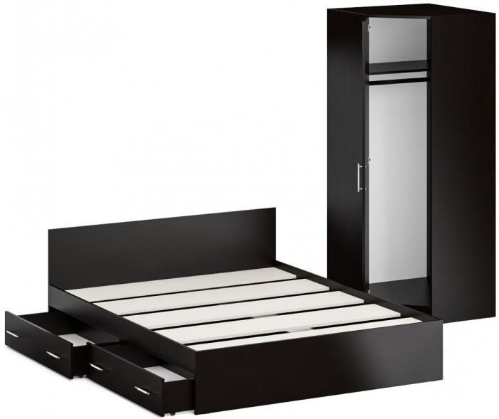 Кровать с ящиками 1600 + Шкаф угловой Стандарт, цвет венге, ШхГхВ 163,5х203,5х70 + 81,2х81,2х200 см., сп.м. 1600х2000 мм., без матраса, основание есть