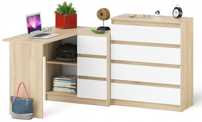 Мори Стол компьютерный МС-16 правый + Комод МК800.4, цвет дуб сонома/белый, ШхГхВ 204,8х84,9х94 см., выдвижные ящики справа, НЕ универс. сборка
