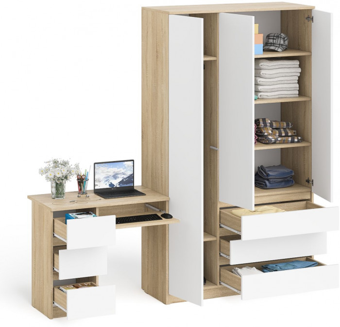 Мори Стол компьютерный МС-6 левый + Шкаф МШ1200.1, цвет дуб сонома/белый, ШхГхВ 210,4х50,4х209,6 см., выдвижные ящики слева, НЕ универсальная сборка