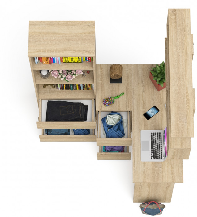 Мори компьютерный стол МС-16 левый + Стеллаж МСТ600.3 + Полка 1200, дуб сонома