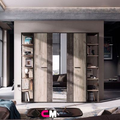 Эдинбург Шкаф 2х створчатый с зеркалом ШК-02 (1,002х2,000х0,500) железный камень/дуб крафт серый