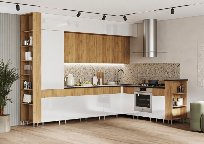 Кухня Техно-5 3,2*2,24м (Крафт/Белый глянец холодный, Дуб Крафт (Кастилло темный))