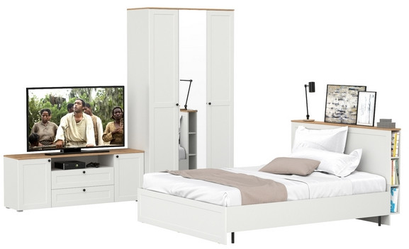 Остин 11.53 Кровать + ортопед + 13.336.03 Шкаф для одежды + 16.47 Тумба под ТВ, белый шагрень/дуб крафт золотой