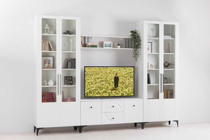 Валенсия Гостиная 16.45 Тумба под ТВ, ЛДСП белый шагрень/МДФ белый шагрень