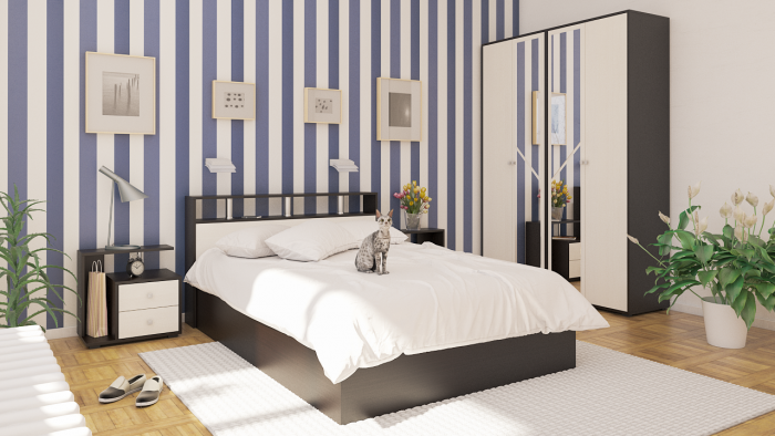 Камелия спальня № 1 Кровать 1400 + Две тумбы + Шкаф 4-х створчатый, цвет венге/дуб лоредо, сп.м. 1400х2000 мм., б/м, основание есть