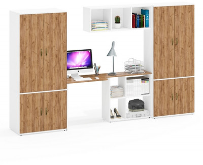 Лидер-8 Шкаф МД 20Б + Стол + Полка + Шкаф МД 19Б, цвет белый шагрень/крафт золото, ШхГхВ 325х50/37,5х75/190 или 115х240/50х75/190 см., НЕ ун.сб.