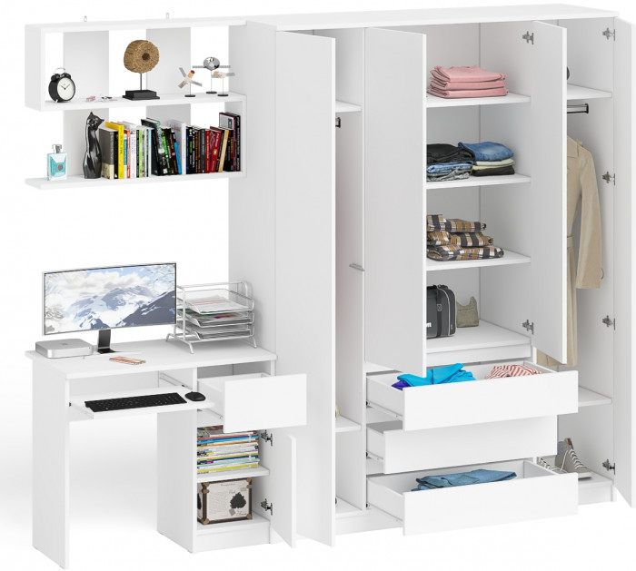 Мори Стол компьютерный МС-1 правый + Шкаф МШ1600.1 + Полка 900, цвет белый, ШхГхВ 250,4х50,4х209,6 см., НЕ универсальная сборка