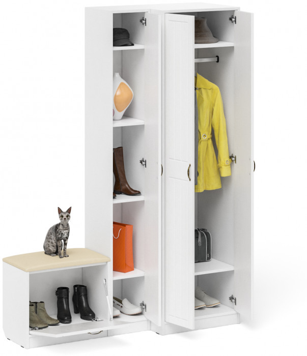 Прихожая П-6 Компоновка № 25, белая шагрень/фасады МДФ белое дерево фрезеровка прованс