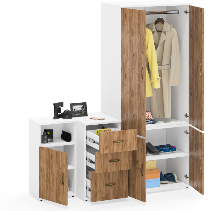 Лидер-8 Шкаф МД 19Б + Тумба МД 3.16 + Тумба МД 3.19, белый шагрень/крафт золото