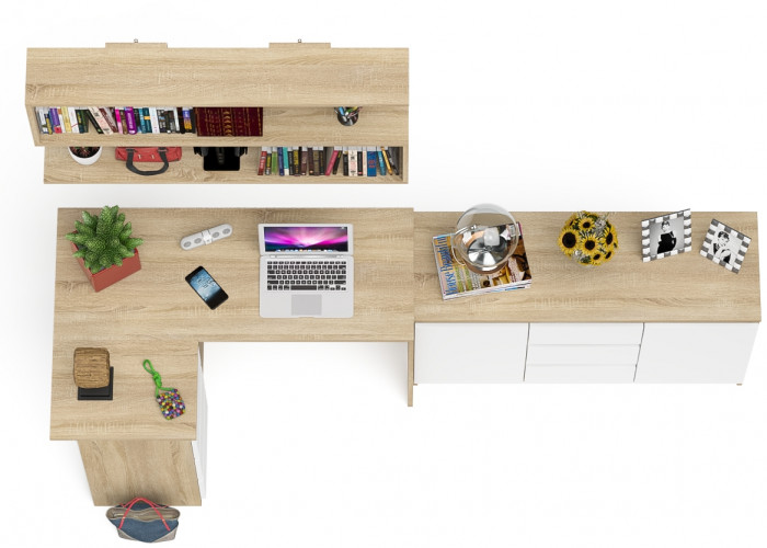 Мори компьютерный стол МС-16 левый + Комод МК1200.3 + Полка 1200, дуб сонома/белый